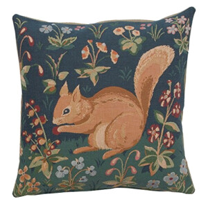 Coussin Écureuil bleu, beige, vert, rouge, blanc, crème. 35.5x35.5 cm